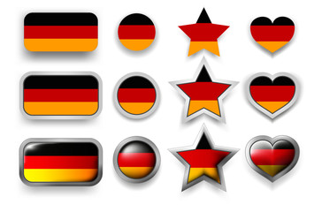 Set of Germany vector labels - square button, circle button, star and heart buttons in flag colors black, red, yellow for flyer, poster or any holiday design