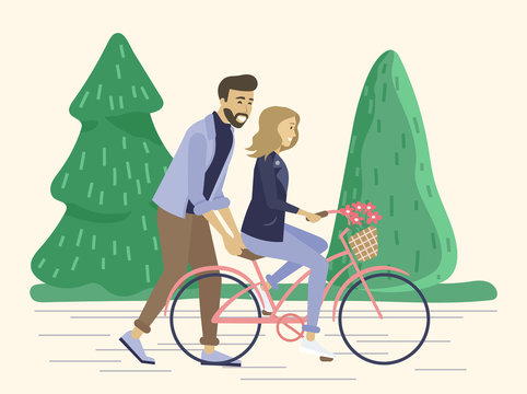 Man And Woman On Date, Romantic Weekends For Male And Female. Father Teaches Daughter To Ride Bicycle. Friends Spending Spare Time Together. Girlfriend And Boyfriend In Forest Vector In Flat