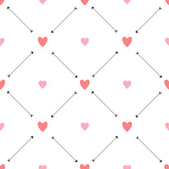 Valentine seamless pattern with hearts and arrows on white background. For wallpaper, gift and wrapping paper, greeting card and wedding invitations, textile, fabric, linen, pajamas, web page.