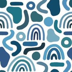 Modern hand drawn seamless pattern. Various abstract shapes and rainbows in blue colors. Trendy geometryc background.