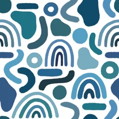 Keuken foto achterwand Organische vormen Moderne hand getekende naadloze patroon. Diverse abstracte vormen en regenbogen in blauwe kleuren. Trendy geometrie achtergrond.