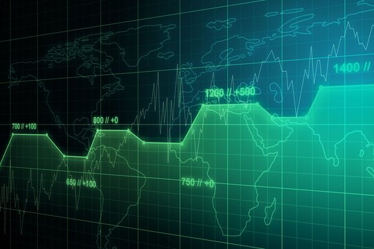 Statistics concept with abstract glowing chart on a world map background. 3D Rendering