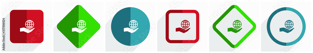 Poster hand care planet environment icon set, flat design vector illustration in 6 options for webdesign an