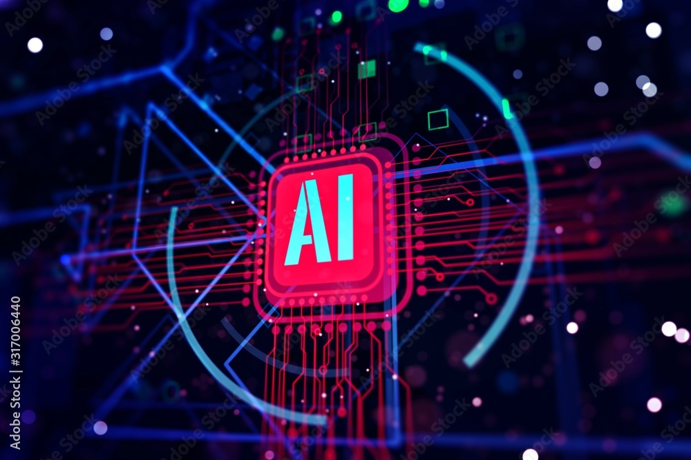 Poster glowing abbreviation ai on a microchip bacground. future technology concept. 3d rendering