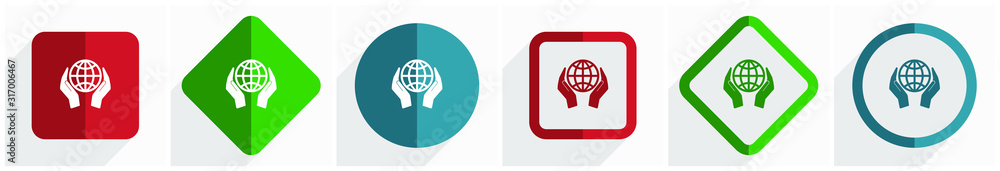 Poster hand care planet environment icon set, flat design vector illustration in 6 options for webdesign an
