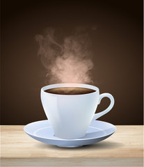 Hot steaming cup of espresso coffee in a generic white cup and saucer on a wooden table over a dark brown background, colored vector illustration