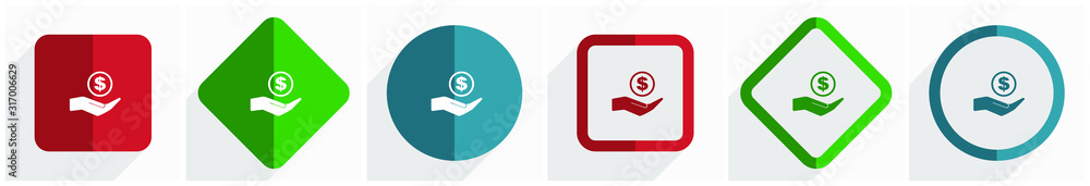 Poster money, cash icon set, flat design vector illustration in 6 options for webdesign and mobile applicat