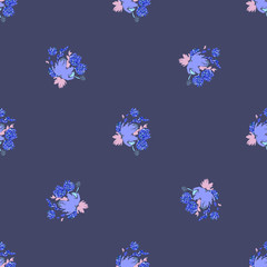 Fototapeta na wymiar Blue floral background. Vector glitter textured seamless pattern with flowers bouquet