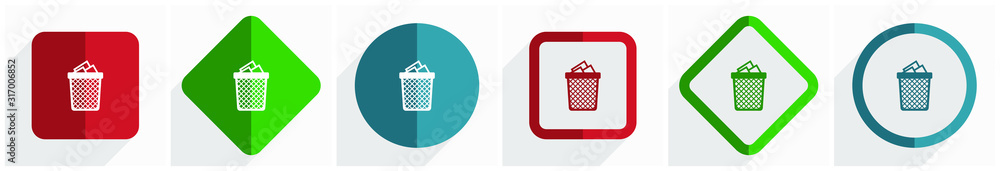 Poster trash, can icon set, flat design vector illustration in 6 options for webdesign and mobile applicati
