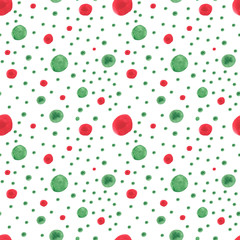 Watercolor abstract dots and spots seamless pattern on white background. Perfect for fabric, textile, wrapping papper. Green and red color.  Watermelon pattern collection. 