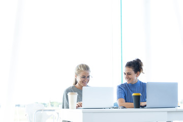Two girls working with a laptop in an office ina coworking