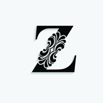 letter Z. Vintage black flower ornament initial letters.  Alphabet with shadow. Logo vector 