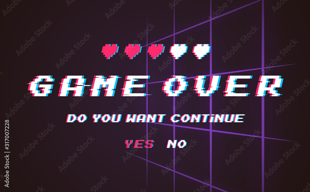 Fototapete game over vector pixel background, texture damage. effect glitch error with text. game design. final