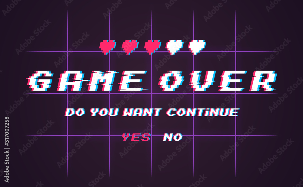 Poster game over vector pixel background, texture damage. effect glitch error with text. game design. final