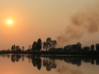  silhouette tree in asia with sunset.Tree silhouetted against a setting sun.Dark tree on open field dramatic sunrise and reflection in water.