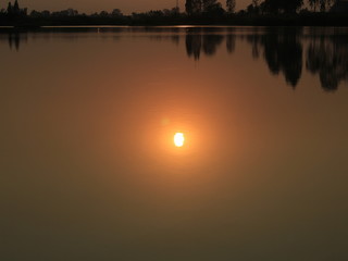  silhouette tree in asia with sunset.Tree silhouetted against a setting sun.Dark tree on open field dramatic sunrise and reflection in water.