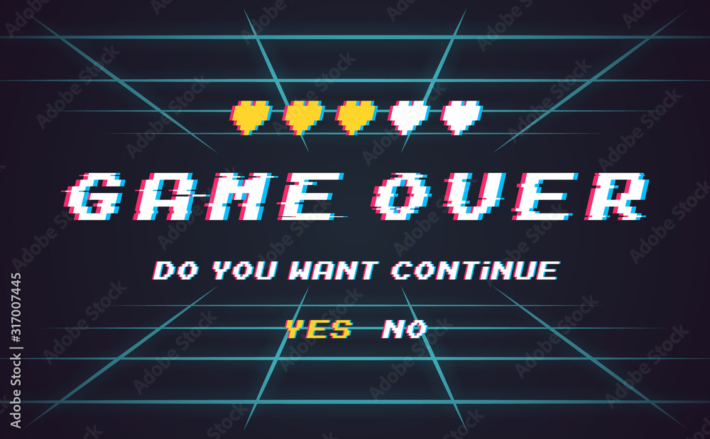 Fototapete game over vector pixel background, texture damage. effect glitch error with text. game design. final