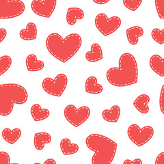 Hand drawn retro hearts seamless pattern. Vector repeat texture. Scribble red hearts with dash stroke on white background. Love concept for Valentine's Day. Abstract template. Vintage background. 