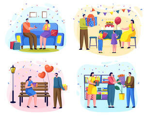 Gift giving tradition on special occasions. People celebrating birthday and anniversary by making gifts. Family celebration of daughters day. Romantic couple exchanging gifts in park. Vector woman day