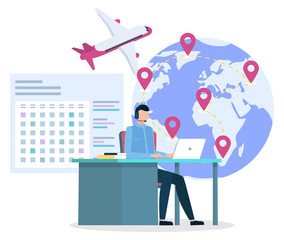 Company working with travelers clients getting insurances and flight tickets. Manager on hotline answering questions of customers. Globe with pointers, plane and calendar dates. Vector in flat style