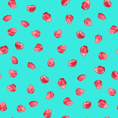 Pomegranate seeds on a turquoise background. Seamless pattern. Watercolor painting