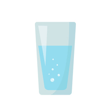 transparent glass of blue water with bubbles on white background. flare on glass