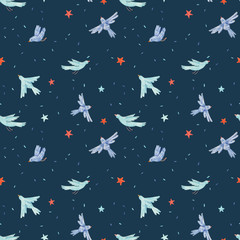 Cotton fabric Beautiful vector seamless pattern with cute hand drawn blue birds and red stars. Baby stock illustration.