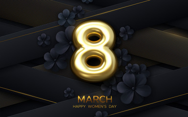 8 March. International women day. Vector holiday illustration. Golden realistic number eight on black textured woven paper layers background with flowers. Festive poster design. Feminism concept