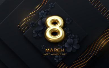 8 March. International women day. Vector holiday illustration. Golden realistic number eight on black textured papercut background with flowers. Festive poster design. Feminism concept
