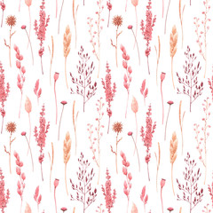 Beautiful vector seamless pattern with watercolor herbarium wild dried grass in pink and yellow colors. Stock illustration.