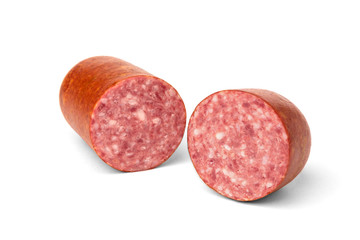 Smoked sausage isolated on white background.