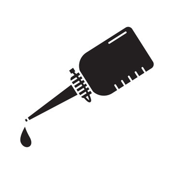 Cutout Silhouette Inclined Oiler With Dripping Drop Of Lubricating Oil. Outline Icon Of Gear Lubrication. Black Illustration. Flat Isolated Vector On White Background. Bottle With Glue, Gel, Paint