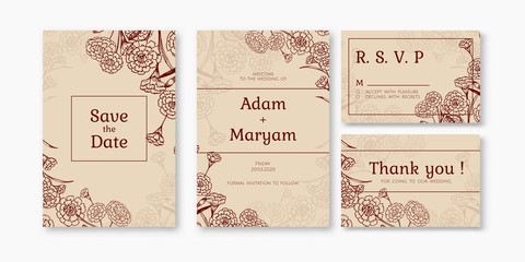 set modern floral outline hand drawn luxury wedding invitation design or card templates for wedding or fashion or greeting with carnation flower texture elegant background bundle vector illustration