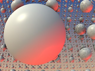 Floating colored spheres floating in infinite space, white and red shades.3d render