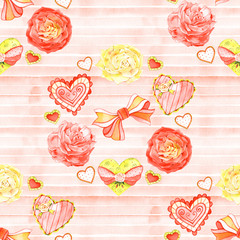 Fototapeta na wymiar Seamless pattern with delicate bouquets of roses, rosehip flowers, Floral motif