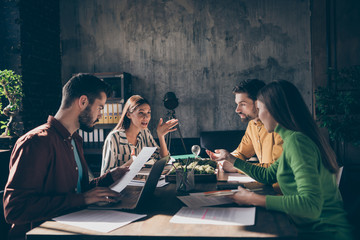 Skilled experienced businesspeople wearing casual formal-wear discussing IT result contract tender...