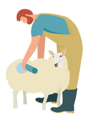Farming today Farmer marks his sheep with blue spray for identification Organic farm Cartoon Flat Vector Illustration Isolated object