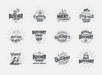 Butchery, Meat shop, fresh meat, emblems, stamps. Set of retro hand drawn badges, labels and logo elements
