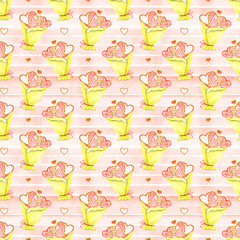Seamless pattern with funny hearts. Watercolor texture.