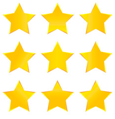 Gold Stars Collection. Set of Realistic golden yellow star icons isolated on white background. Vector illustration