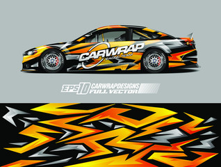 Fototapeta premium Rally car wrap decal design. Abstract stripe racing background designs for wrap cargo van, race car, pickup truck, adventure vehicle. Eps 10