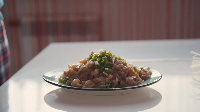 green onion falling on plate with sliced chicken. pieces of raw meat. adding ingredient herb. concept add, mixing, cut. asian meal. housewife homemade cooking on kichen.