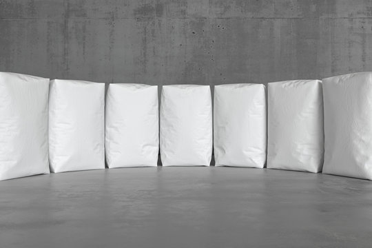 White sacks on the concrete floor. 3d render