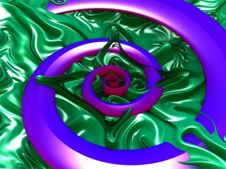 Purple spiral in green, interwoven materials have a shiny surface.3d render