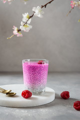 Detox and healthy superfoods breakfast concept. Vegan coconut milk chia seeds pudding with pink matcha and berries in a glass. Side view, copy space.