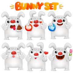 Cute white bunny cartoon emoji character in various emotions situations collection