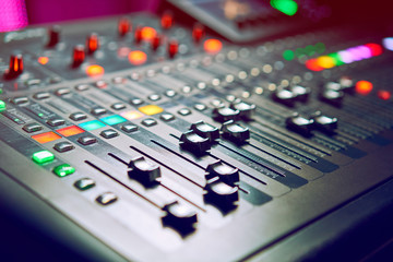 DJ work at a nightclub, Music club party, Concert equipment, a mixer and DJ console. The concept of disco, entertainment, holiday. Soft focus picture