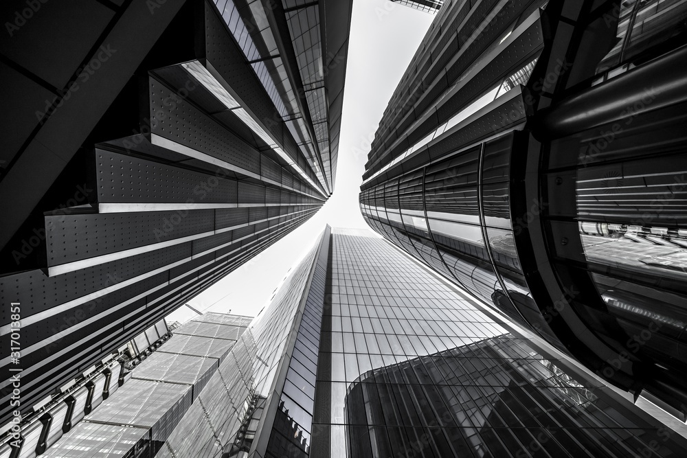 Wall mural Low angle greyscale of modern skyscrapers with glass windows under sunlight