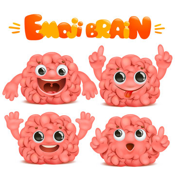 Emoji brain cartoon character in various emotions