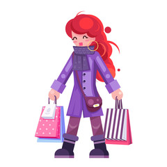 Spring shopping bag package girl purchase isolated on white flat design character vector illustration